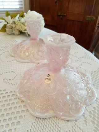 Fenton Art Glass,  Pink Opalescent,  Lily Of The Valley,  Candlestick Set