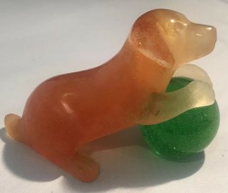 Daum France Amber Colored Dog With Green Ball Figure Pate De Verre Broken Tail