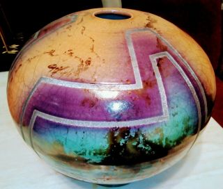 Large Southwest Raku Glazed Studio Pottery Vase Pot Vessel Jug Crock 12.  5 "