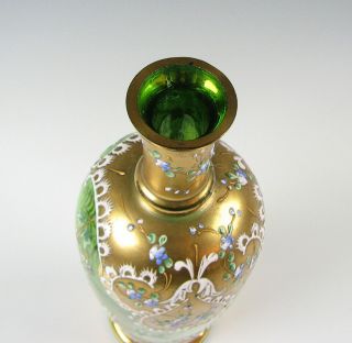 Antique Bohemian Moser Green Art Glass Vase with Enamel and Gold Decoration 5