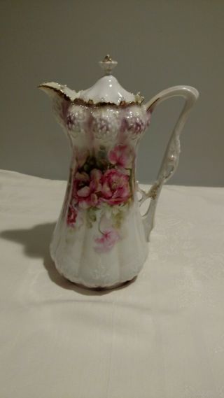 Vintage Rs Prussia Chocolate Pot.  Pink Flowers.  9 1/2 " Tall.  Pre - Owned.  No Chips
