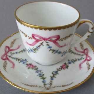 Ancienne Manufacture Royal Limoges Porcelain Cup,  Saucer Rose Swags,  Pink Bows