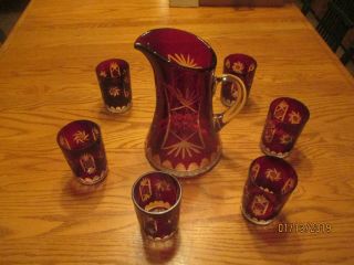 Bohemian Czech Ruby Red Vintage Cut To Clear Crystal Glass Pitcher Wth 6 Glasses