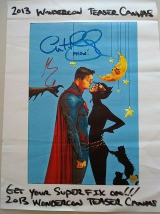 Anne Hathaway Signed Canvas Sexy Cat Woman Henry Cavill Signed Program