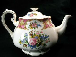 Royal Albert Lady Carlyle Pink Trim Floral Bone China Teapot England Evc