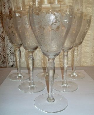 Six Etched Optic Wine Glasses Elegant Depression Glass
