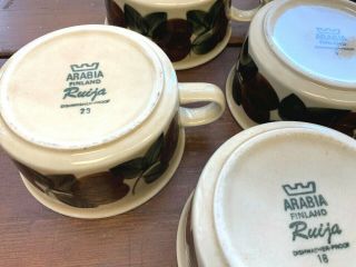 Set Of 6 Vintage Arabia Finland Ruija Brown Flat Coffee Tea Cups 3