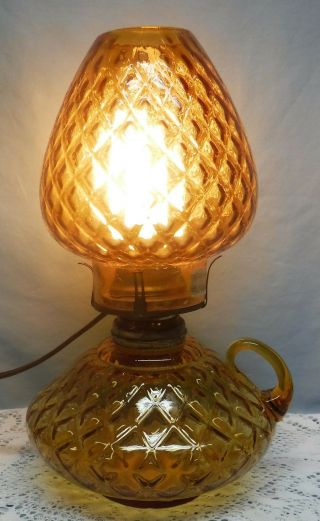 Vintage MCM Fenton Amber Diamond Optic Electric Courting Finger Oil Lamp Label 2