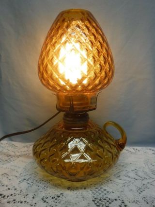 Vintage MCM Fenton Amber Diamond Optic Electric Courting Finger Oil Lamp Label 3