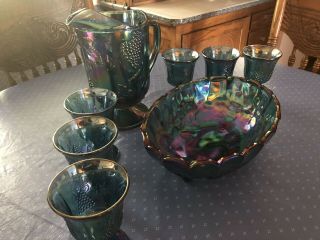 Vintage Indiana Blue Grapes Carnival Glass Water Pitcher,  6 Goblets,  &Fruit Bowl 3