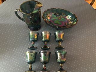 Vintage Indiana Blue Grapes Carnival Glass Water Pitcher,  6 Goblets,  &Fruit Bowl 4