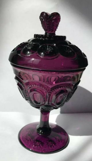 Le Smith Moon And Stars Amethyst Footed Covered Compote 61/2 In.  Purple Fenton