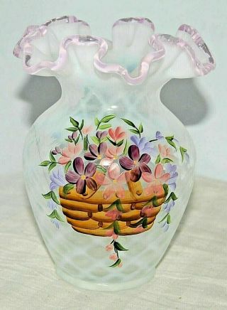 Fenton Longaberger Pink Crest Optic Diamond Vase 2002 Signed Hand Painted Flower