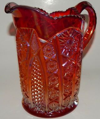 Heirloom Sunset Carnival Glass Iridescent Red Pitcher Vintage Indiana Glass 40oz 2