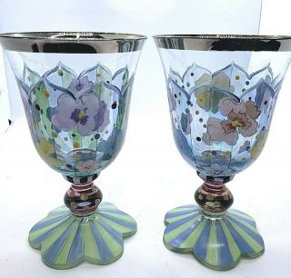2 Mackenzie Childs Hand Painted Flowers Dots Water Wine Goblet Glass