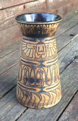Large Western Monmouth Burnt - Wood Egyptian Line Vase Brown Black 1920s