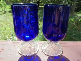 2 Vintage Cambridge Rose Point Cobalt Blue Clear Pressed Water Goblets 5 3/4 "