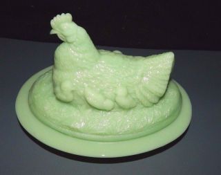 Jadeite Green Glass Hen W Chicks On Nest Covered Butter Dish 8 " Chicken S