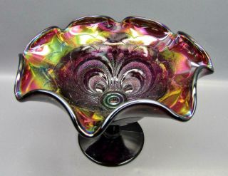 Imperial Scroll Embossed Purple Carnival Glass Middle - Size Ruffled Compote 7030