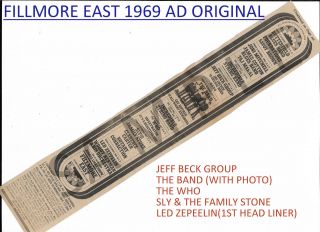 The Fillmore East Orig 1969 Ad Led Zeppelin,  The Who,  Jeff Beck,  The Band,  Sly Rare