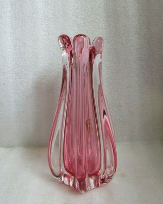 Vintage Murano Oball Art Glass Sommerso Vase Pink & Clear W Sticker