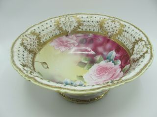 Nippon Serving Bowl Hand Painted Cabbage Roses Heavy Gilt Moriage Unique Details