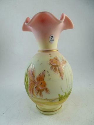 Vintage Fenton Stacy Williams Burmese Art Glass Vase Gold Fish Frog Limited Ed