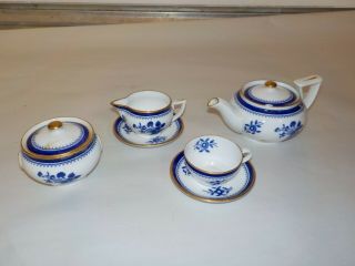Miniature Tea Cup & Saucer Set Copeland Spode China Blue White Gilt Teapot
