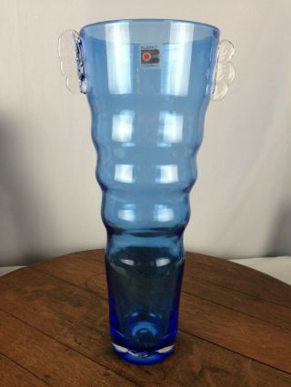 Vintage Blenko Glass Vase Blue Mid - Century Modern 14 " Tall Wh - 1 - 1