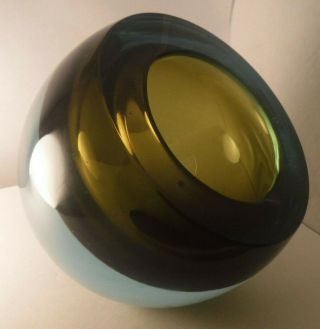 Mid Century Modern Geode Blue Green Heavy Murano Round Orb Art Glass Ashtray