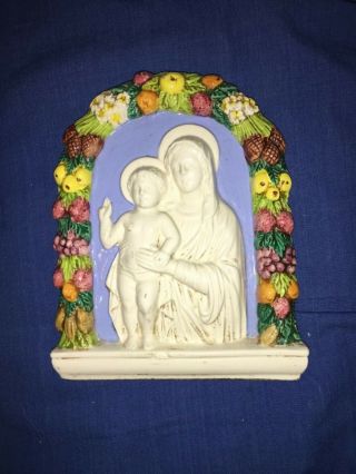 Vintage Della Robbia Majolica Wall Plaque Madonna & Child Art Pottery Italy