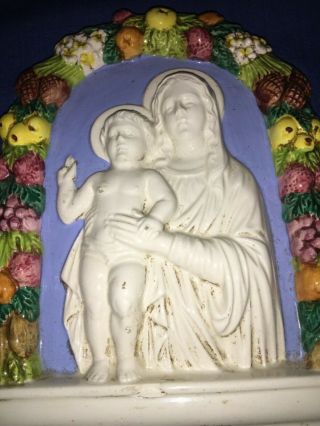 Vintage Della Robbia Majolica Wall Plaque Madonna & Child Art Pottery Italy 2