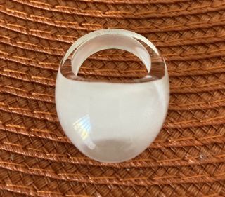 Lalique France Signed Gourmande Cabochon Art Glass Ring Sz7.  5 White Patina