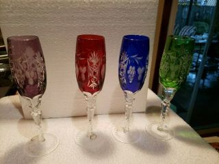 Set Of Four Large Bohemian Colored Cut - To - Clear Champayne Wine Stems