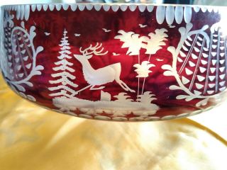 Egermann Czech Bohemian Cranberry Ruby Red Glass Cut To Clear Bowl With Stag