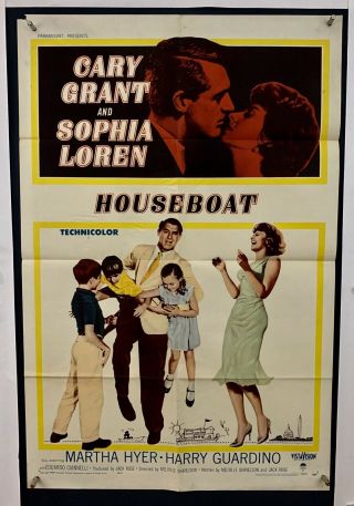 Houseboat Movie Poster (vg -) One Sheet 1958 Folded Cary Grant Sophia Loren 4302