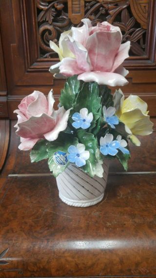 Vintage Large Italian Nuova Capodimonte Porcelain Roses Flowers Bouquet Basket