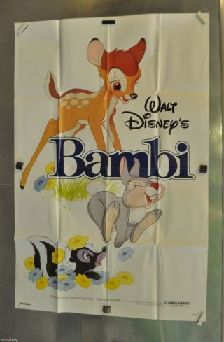 1982 Disney Bambi One Sheet Movie Poster Folded White Background