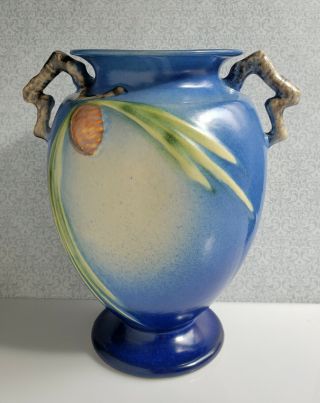 Vintage Roseville Pottery 844 - 8 Blue Pine Cone Vase With Handles,  8.  25 " H