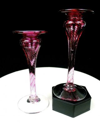 Studio Art Glass Jdb Signed 2 Piece Cranberry Spiral 7 " Candlesticks 1996