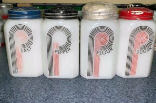 Mckee Milk Glass Outlined P Salt Pepper Sugar Flour Range Shakers