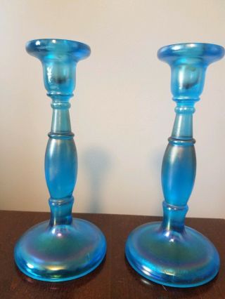 Rare Set Of Fenton Celeste Blue Stretch Glass 8 1/2 " Candlestick Holders