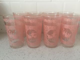 Libbey Set Of 8 Vintage Pink Horse & Carriage Drinking Glasses W/ Gold Trim,  Mcm