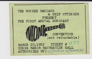 The Monkees First Annual Suncoast Convention March 20,  1982 Pass/ Ticket