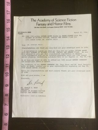 Vincent Price Estate: Congratulatory Letter For Winning The Saturn Award