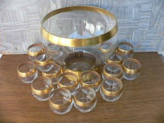 Vintage Dorothy Thorpe Gold Band Punch Bowl W/16 Roly Poly Glasses