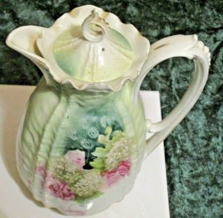 Atq Rs Prussia Chocolate Pot Wavy Mold Snowballs & Roses Surreal Daisys