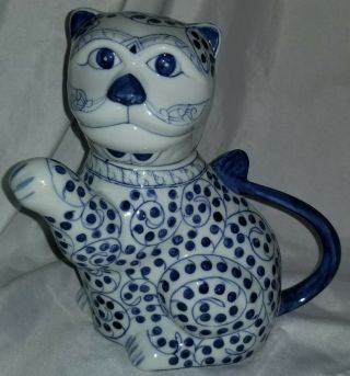 Nora Fenton Artisans Blue White Cat Teapot Figurine Hand Painted Thailand