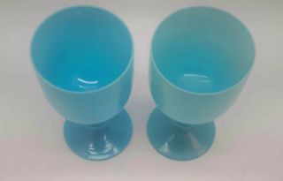 Pair Antique Portieux Vallerysthal France Blue Opaline Milk Glass Goblets 6.  5 "