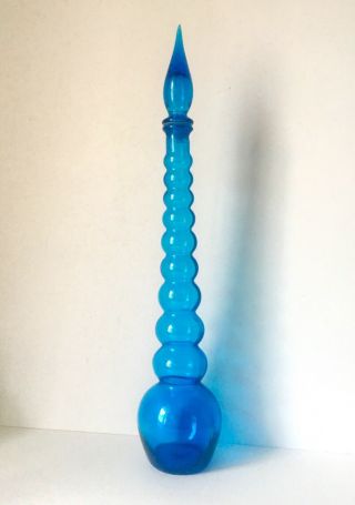 22 " Tall Mid Century Modern Italian Empoli Tuscany Genie Blue Glass Bottle 1960